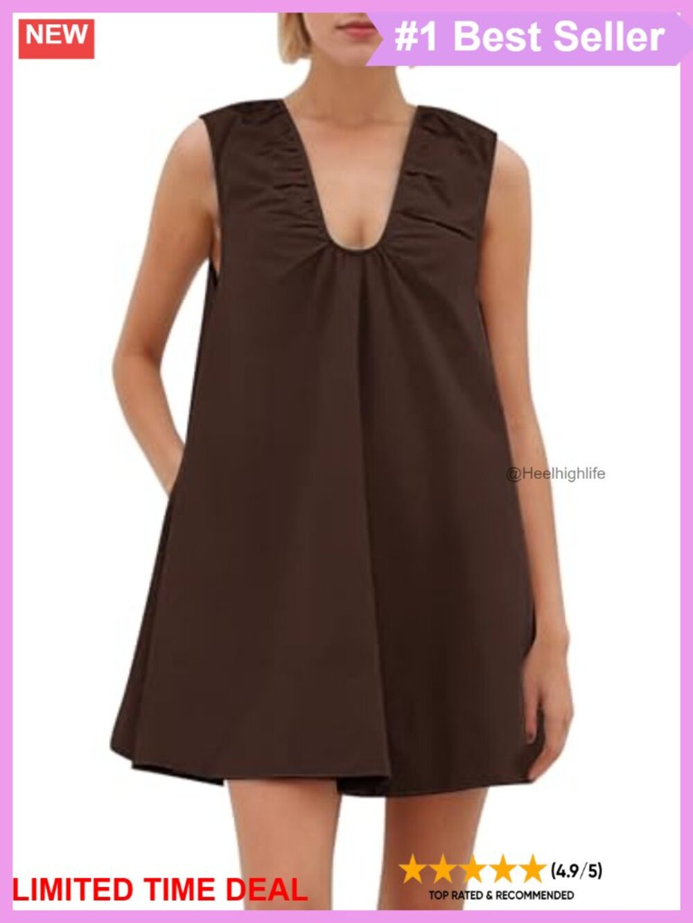 Scoop Neck Babydoll Mini Dress Sleeveless Ruched Summer Sundress with Pockets